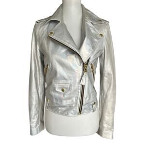 Mackage Silver Lambskin Leather Motorcycle Jacket, Womens, Size XS